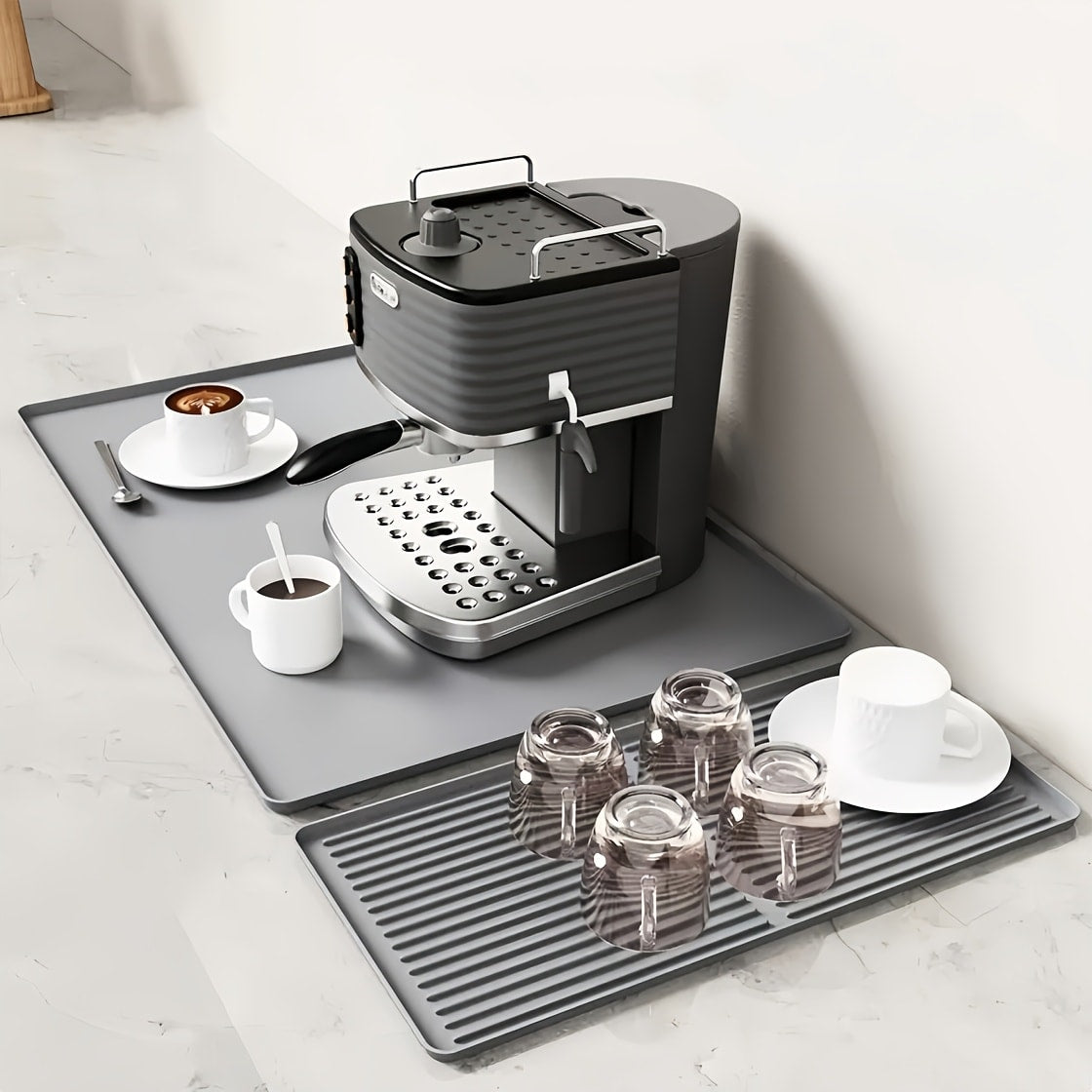 Kitchen Mat, 23.6x15.7-Inch Silicone Coffee Machine Mat with Detachable Side Pad and Three Styles
