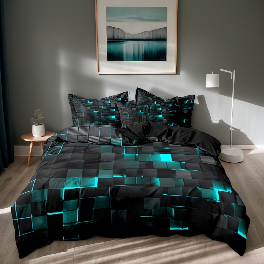 3-Piece Duvet Cover Set with Dimensional Geometric Cube Print, Zipper Closure and Five Color Options
