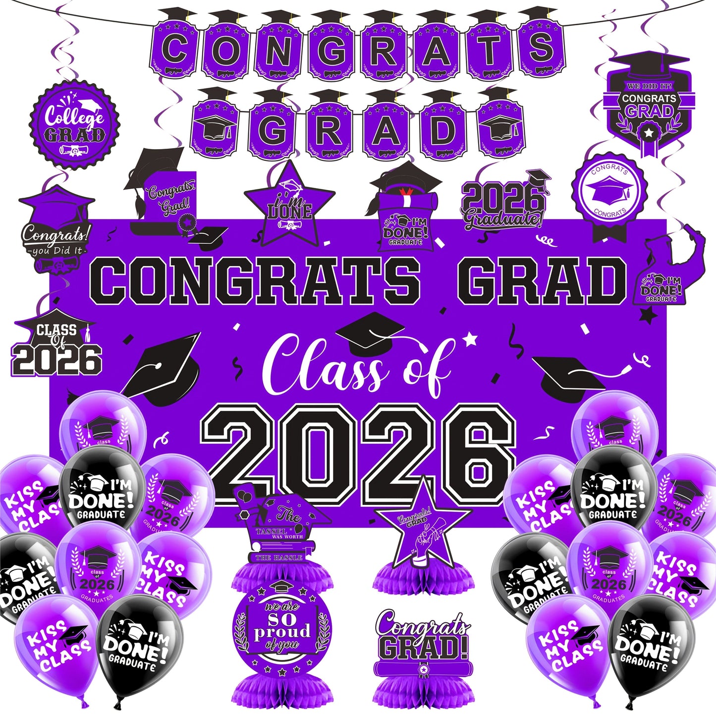Party Decorations Class of 2026 Graduation Set with Backdrop, Banner, Swirls and Table Pieces in Five Colors