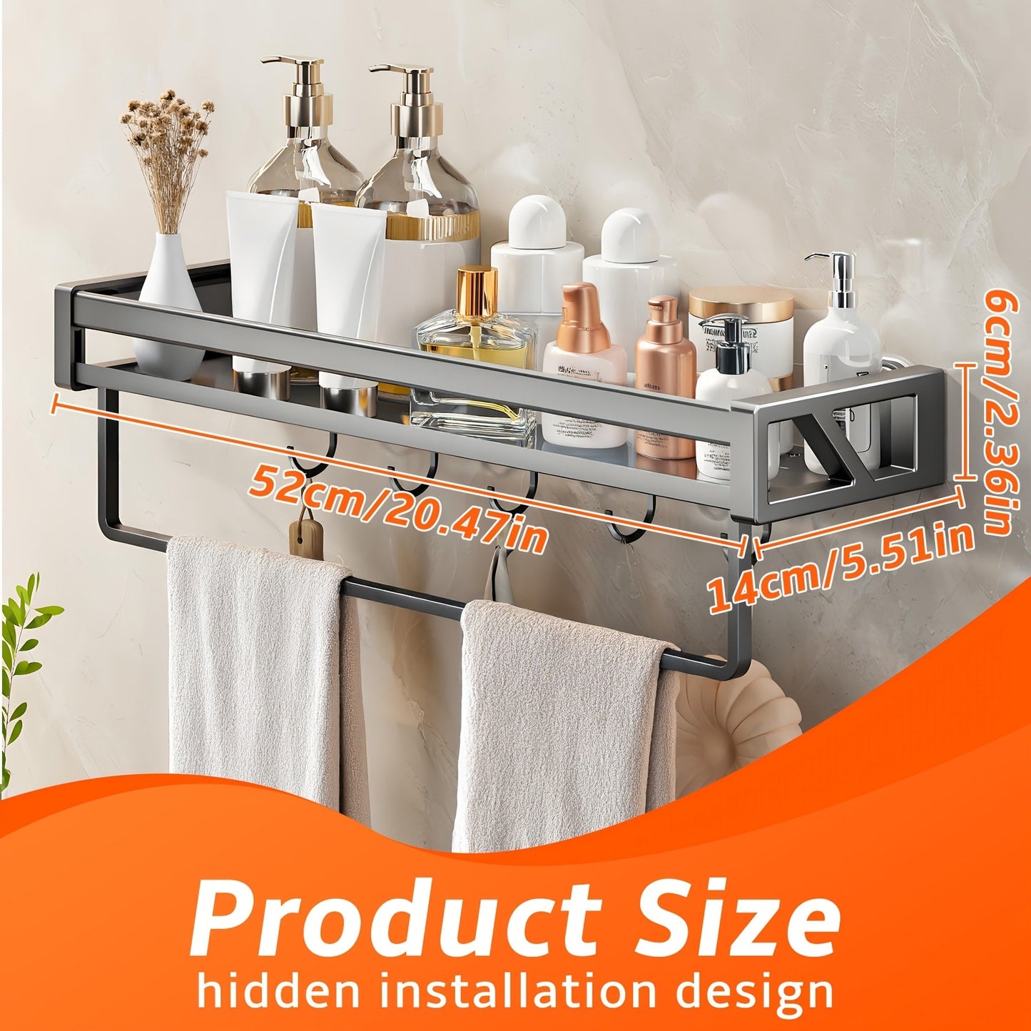 Wall Shower Caddy with Towel Bar, Hooks and Eight Exact Pole or Shelf-Length Checkout Options