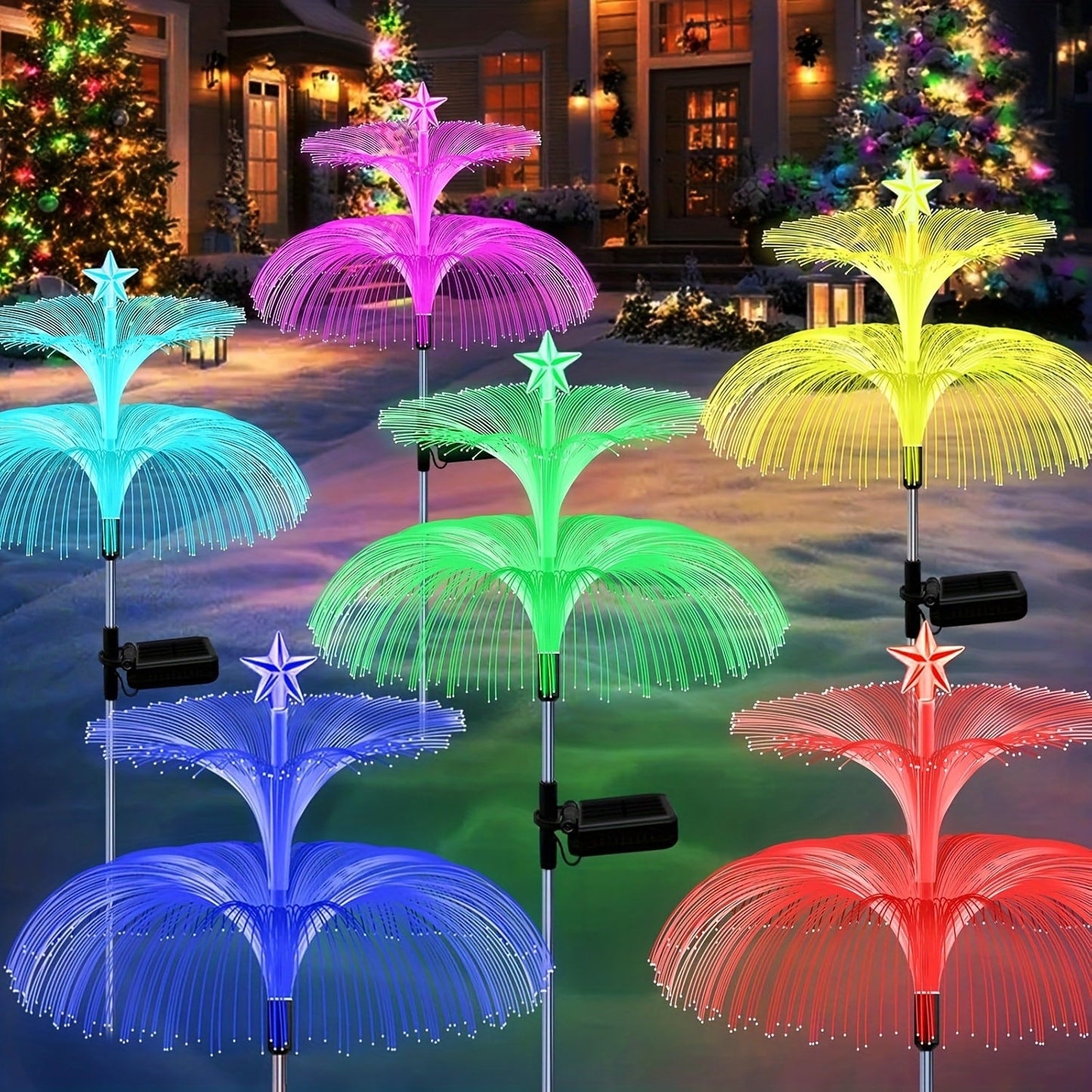 Solar Garden Light Fiber Optic Christmas Tree Stakes with 7-Color LEDs and 2 or 5-Layer Star Options