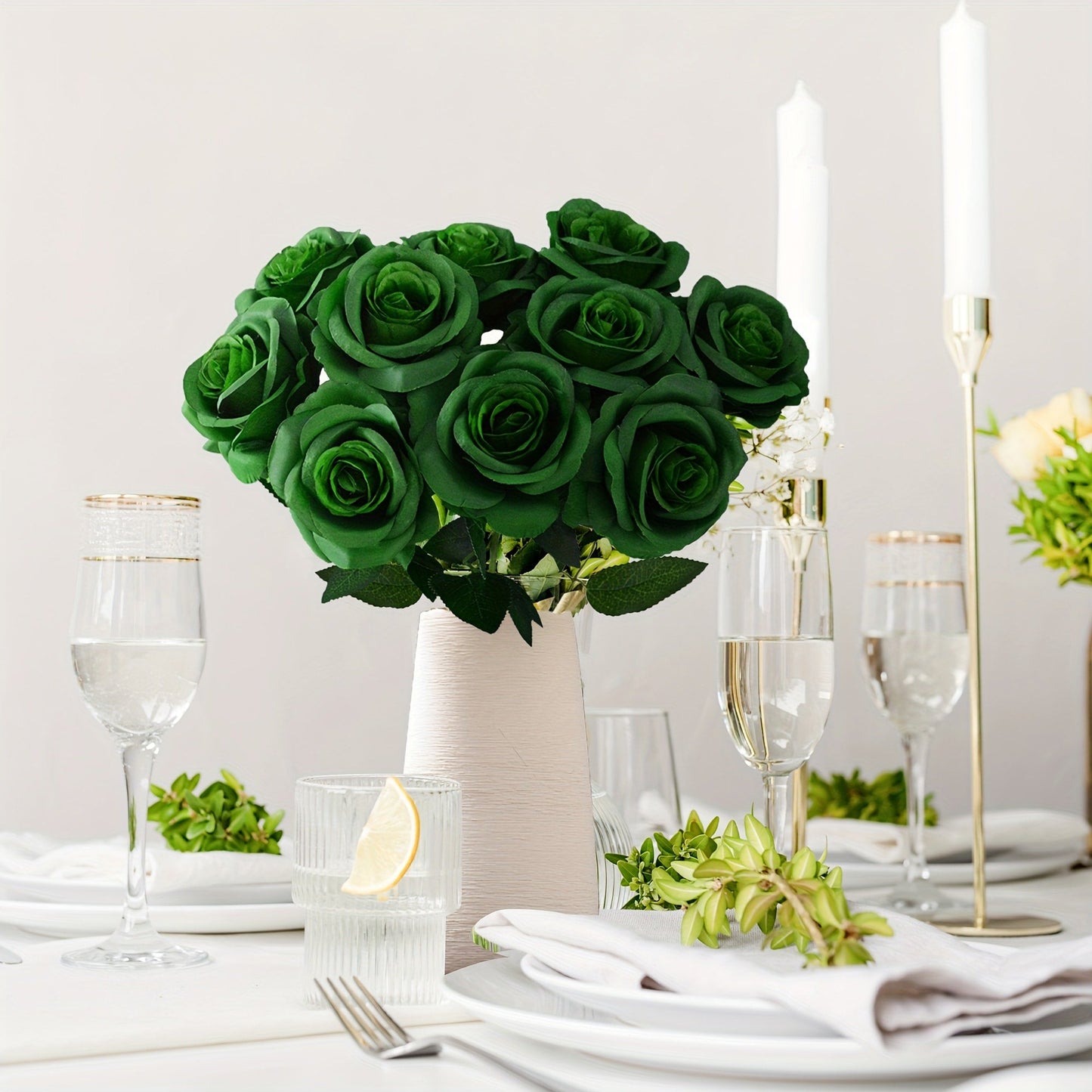 Artificial Flowers 10-Piece Silk Rose Set with 19.69-Inch Bendable Stems in Deep Purple or Dark Green