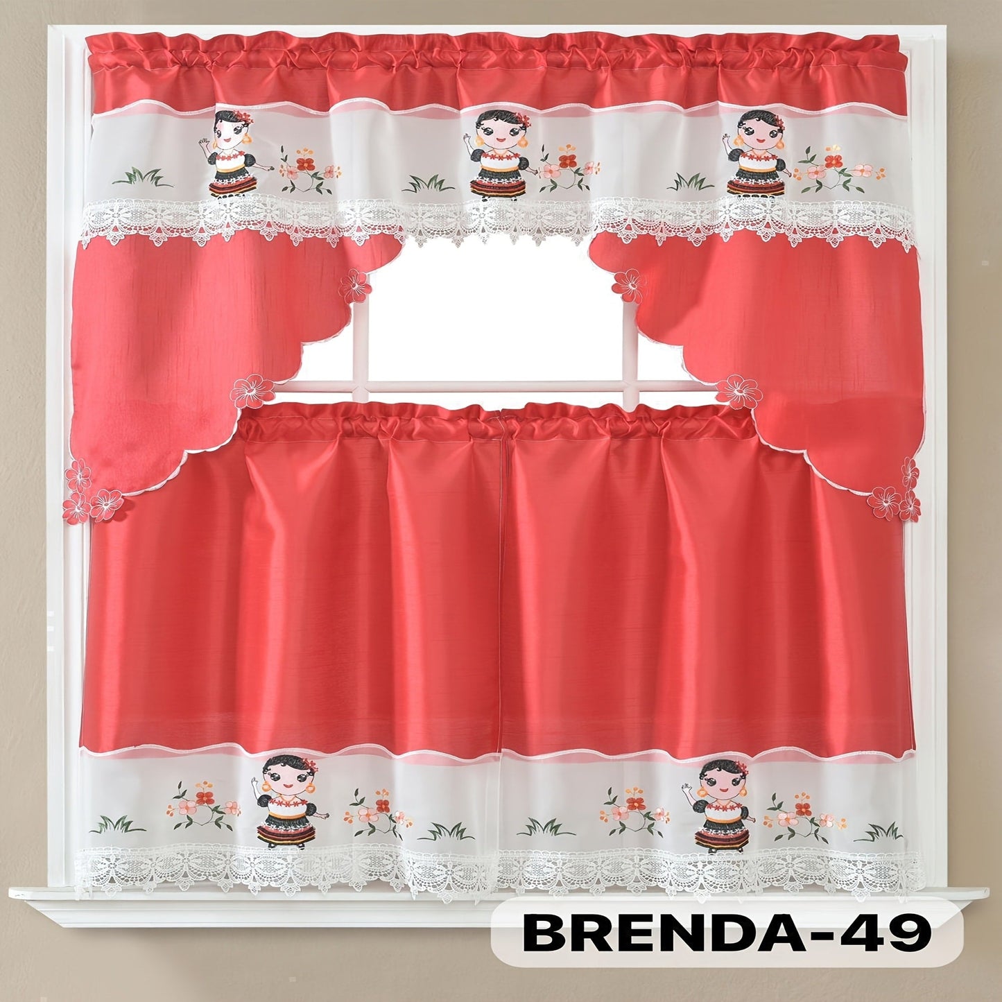 Three-Piece Patterned Kitchen Curtain Set with One Valance, Two Tiers and Forty-Six Exact Design Options