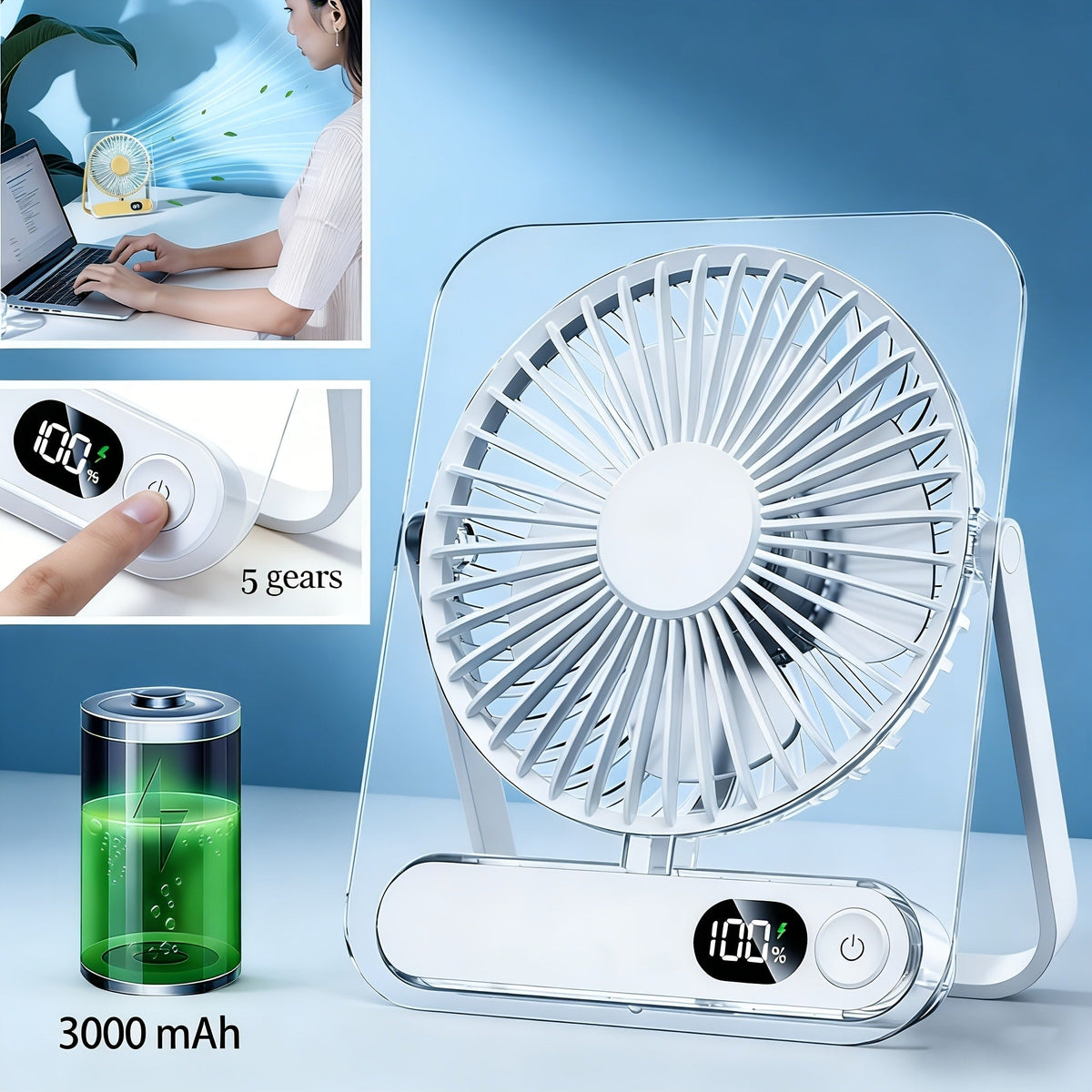Portable USB Desktop Fan 3000mAh Battery, Ultra-Quiet 5-Speed Foldable Fan with 180° Adjustable Tilt and Digital Power Display