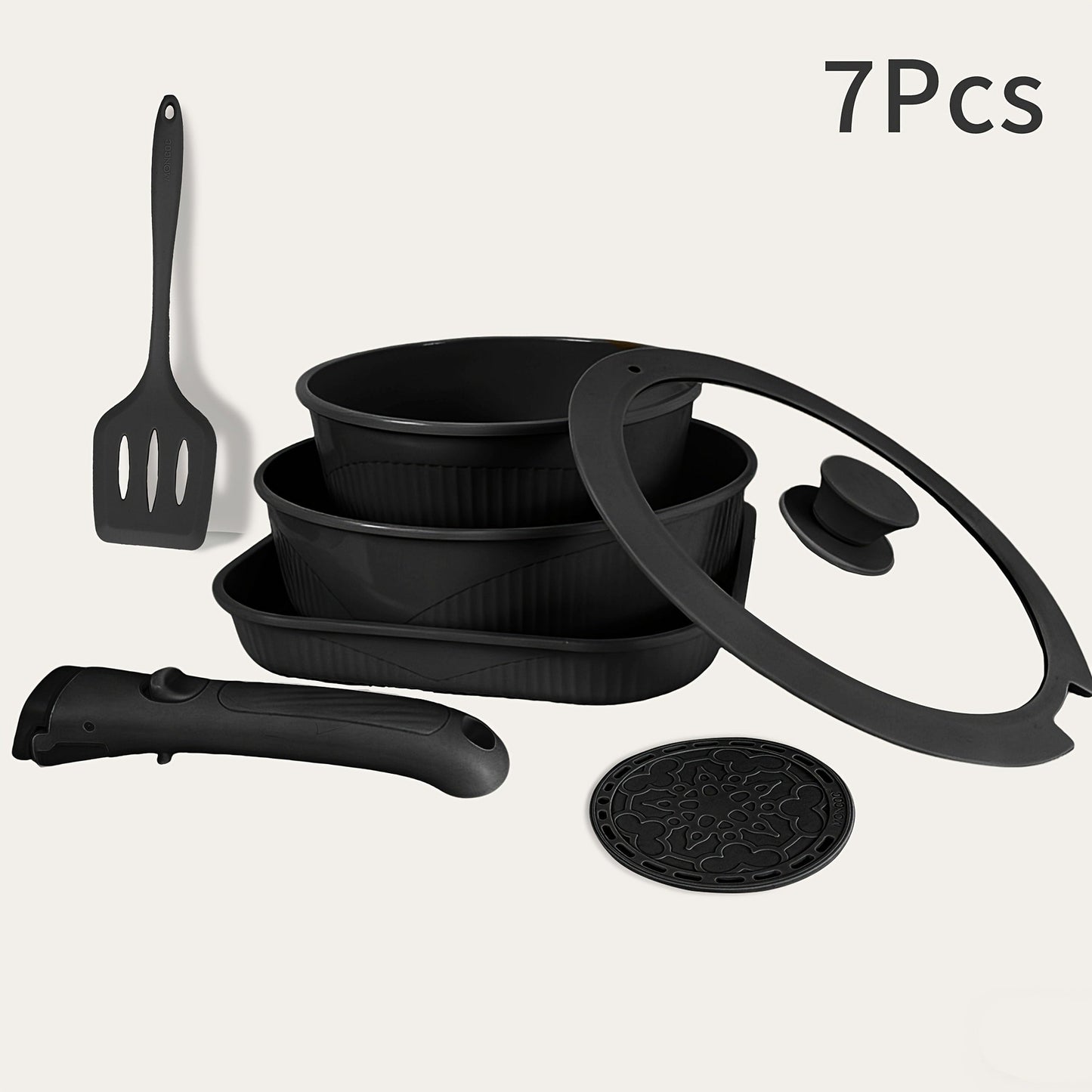 Detachable-Handle Cookware Set in 5-, 7- or 24-Piece Configurations with Stackable Pots, Pans and Lids