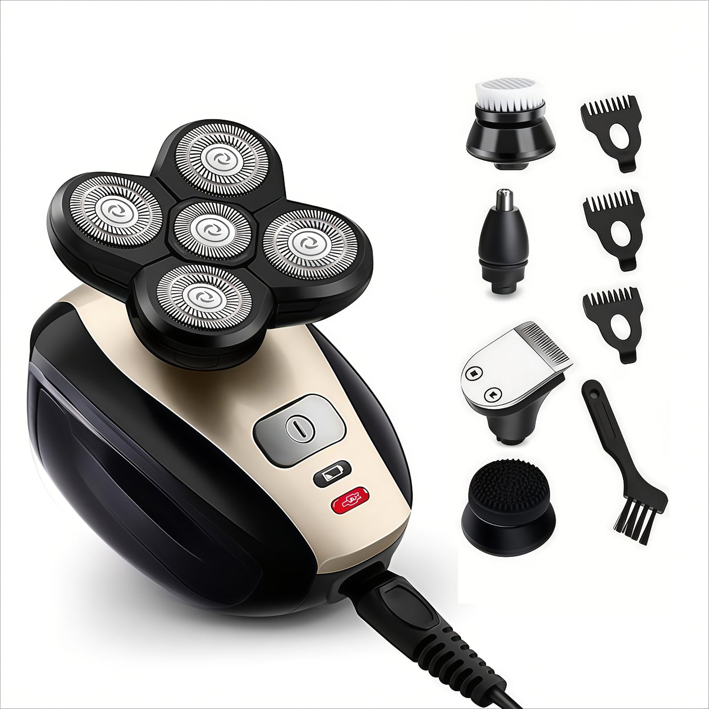 Bald Head Shaver Electric - 5-in-1 Rechargeable Grooming Kit with Type-C Fast Charging, 1400mAh Multi-Head Rotary Shaver for Bald Head Shaving, Beard Trimming & Nose Hair Trimming for Men