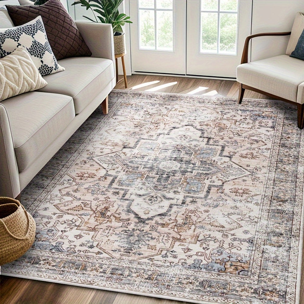 Area Rug Bohemian Retro Design in Beige or Grey with Six Foldable Machine-Washable Room Sizes