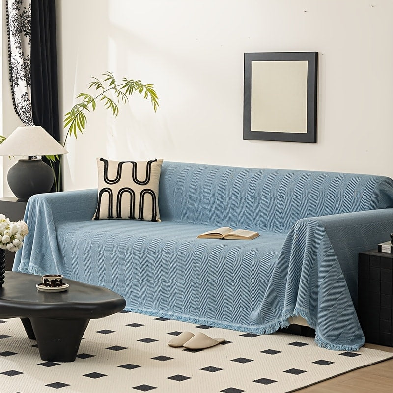 Sofa Cover 71-Inch Herringbone Jacquard Woven Throw with Tassel Fringe in Grey, Coffee, Green or Blue