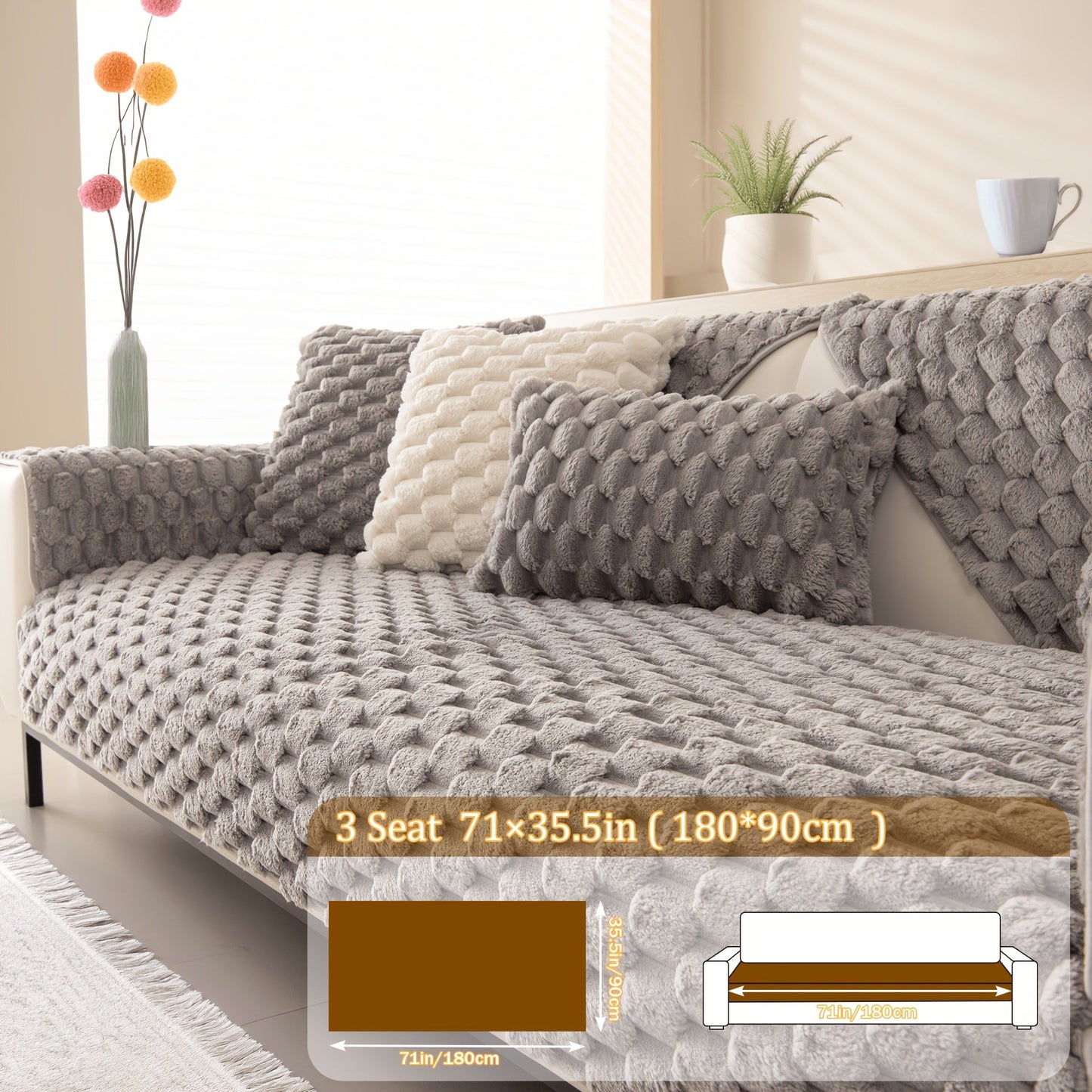 Sofa Cover 35.5-Inch Fuzzy Polyester Single-Piece Pad with Silicone Non-Slip Backing for 2 to 4 Seats