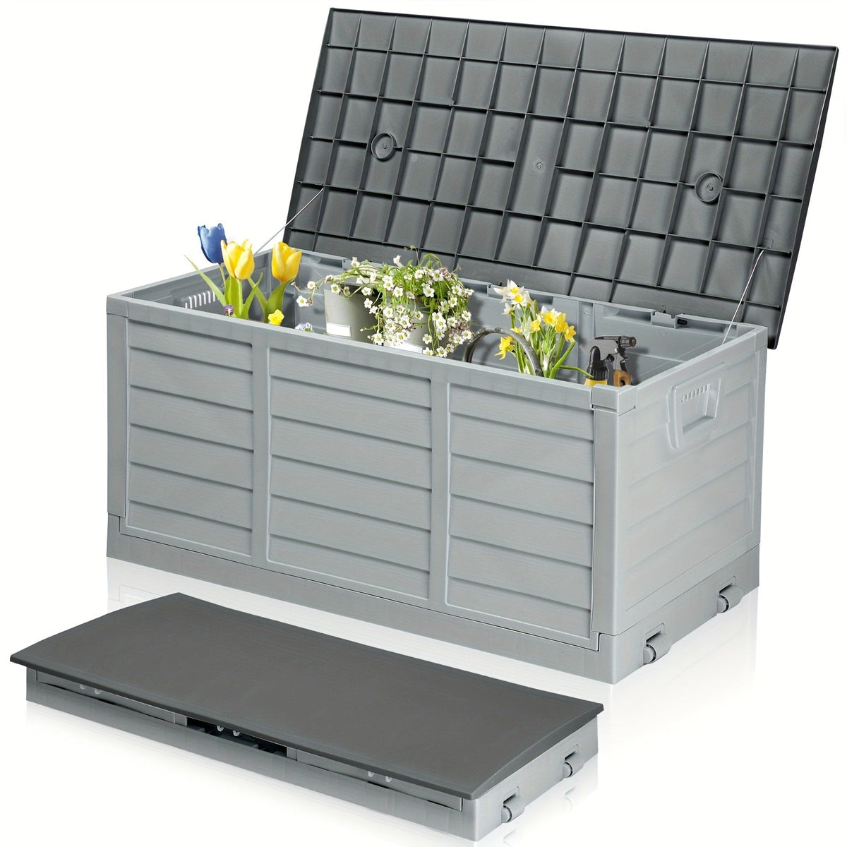 75 Gallon Deck Box with Wheels, 284L Resin Outdoor Storage Box Lockable Plastic Container for Patio