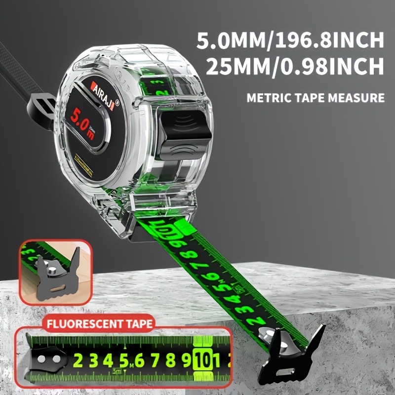 Fluorescent Metric Tape Measure with Wide Blade in 5, 7 or 10-Meter Length and 19 or 25 mm Width