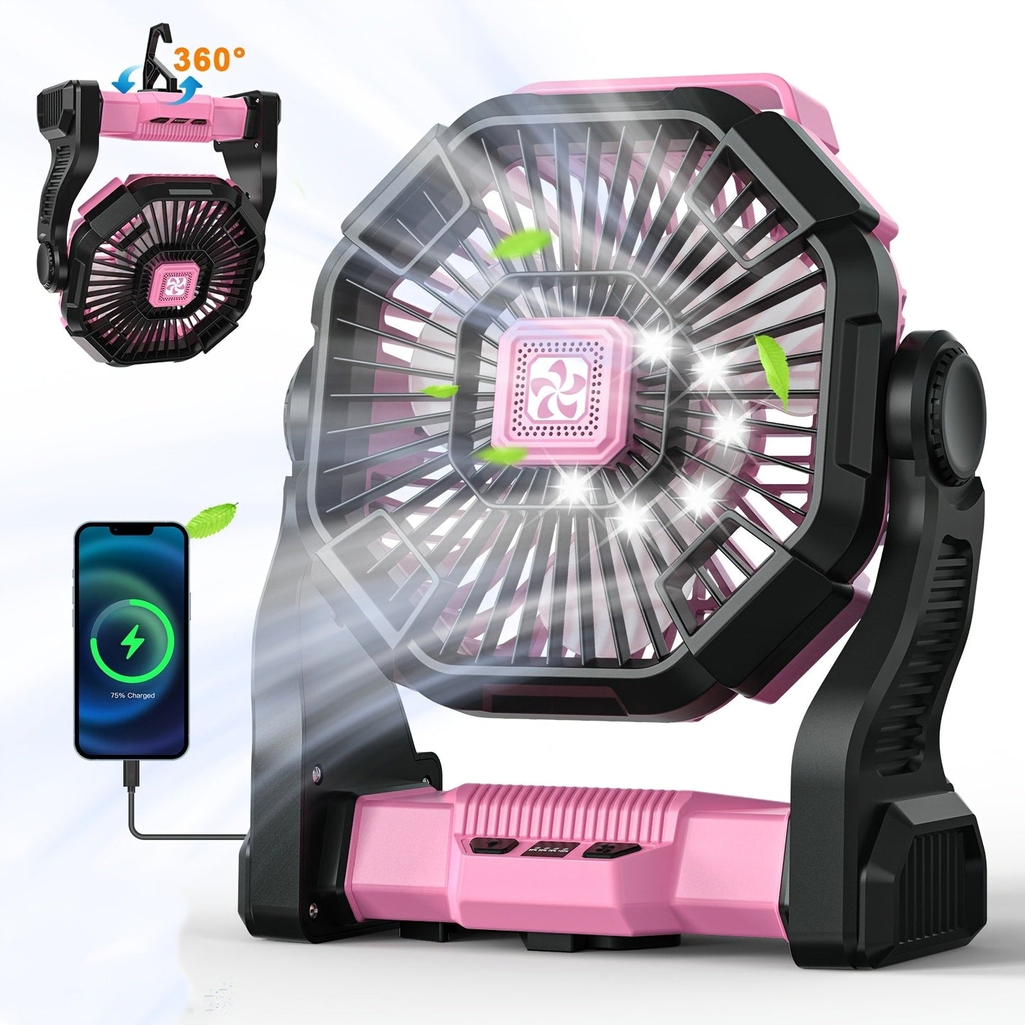 Portable Camping Fan with Hanging Hook, Three-Level Lantern and 12 Color or Style Options Pictured
