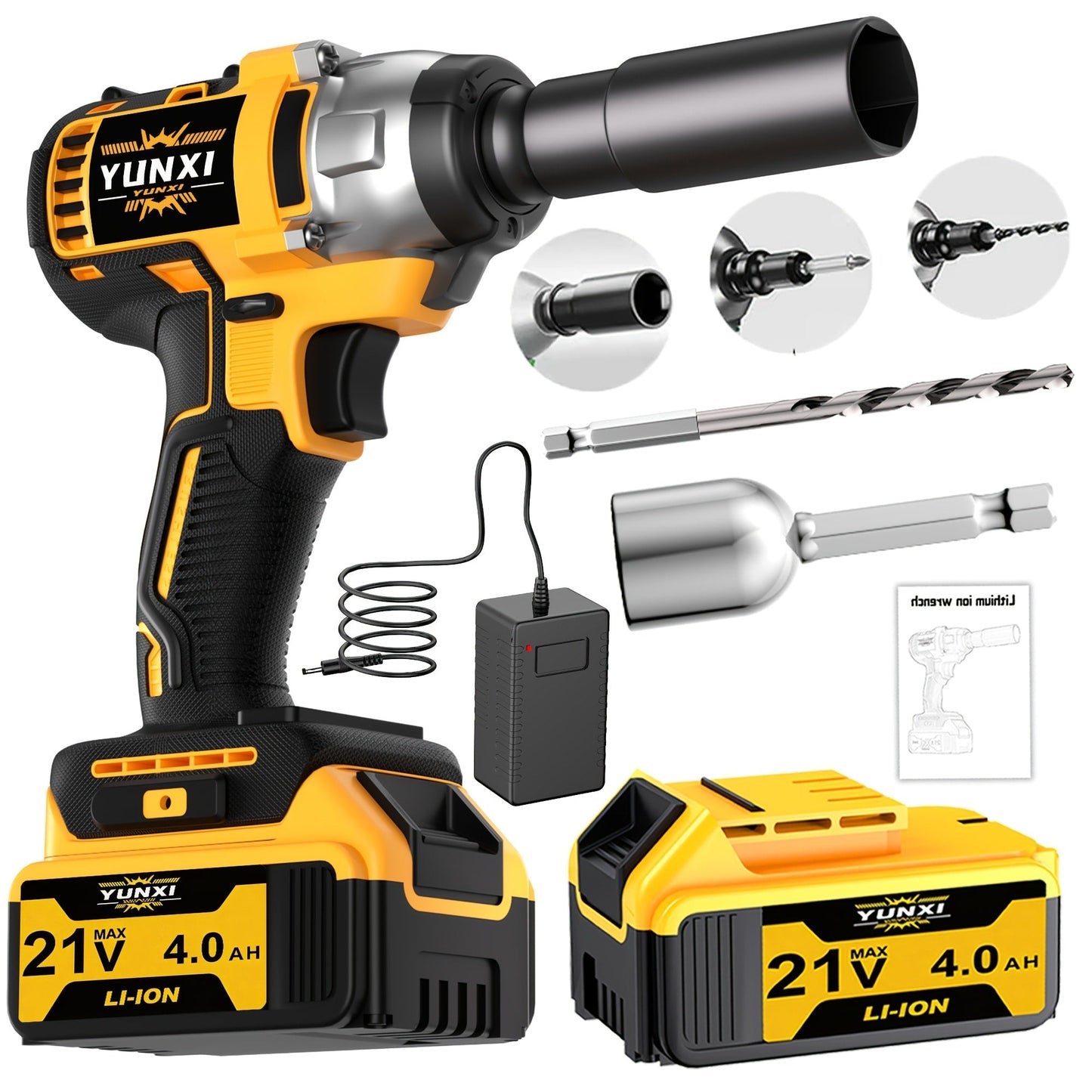 Power Tools YUNXI 21V Brushless Cordless Impact Wrench Kit with 4000mAh Battery and Configurable Accessories