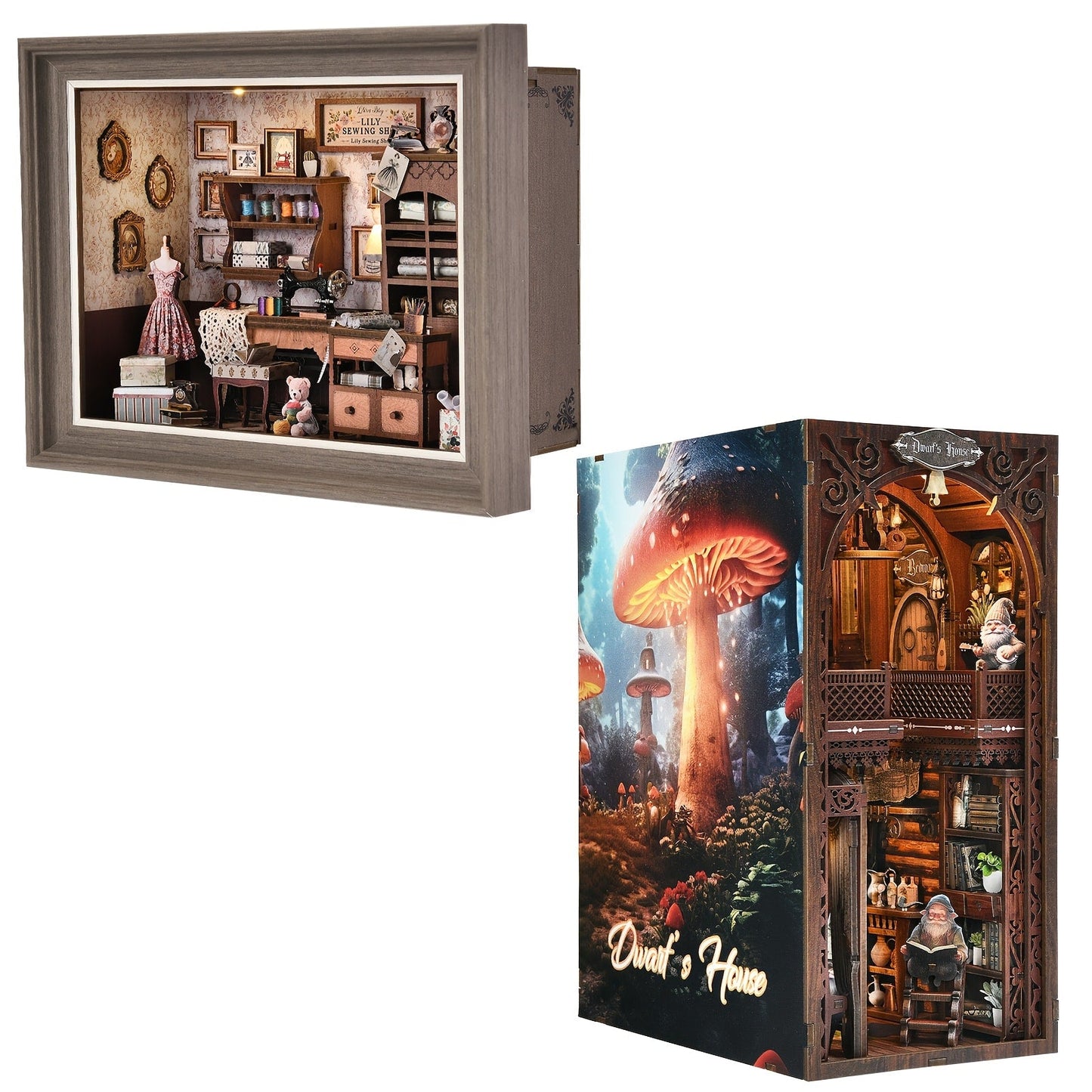 Seam House Book Nook Kit with Framed Sewing-Room Scene and Standard, Fireplace or Dwarf Style Options