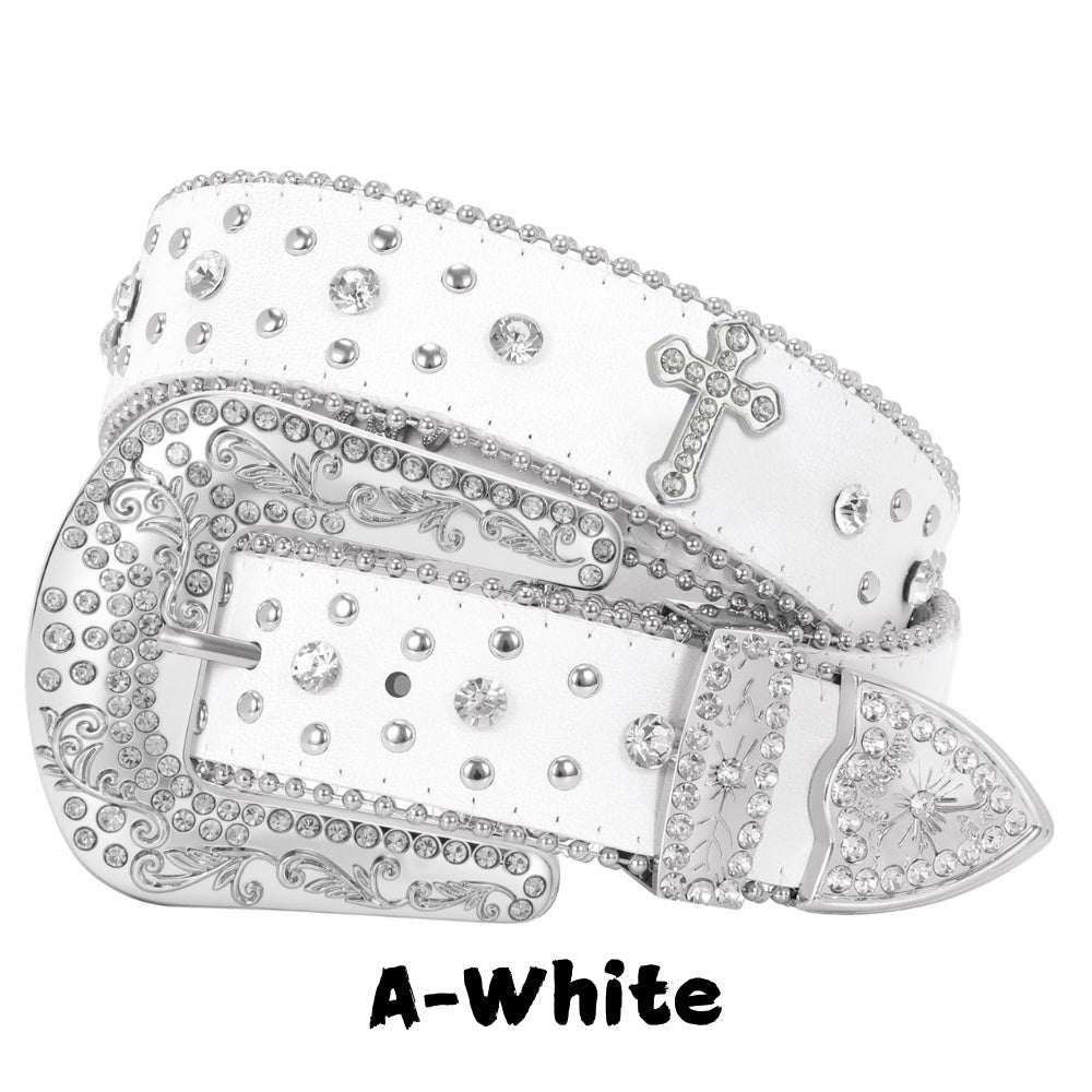 Western Belt - Rhinestone Studded Unisex Punk Carved Buckle PU Leather Hip-Hop Waist - product detail view 34