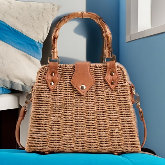 Crossbody Bag for Women – Straw, Woven Straw Bamboo Handle Brown – detail view 2