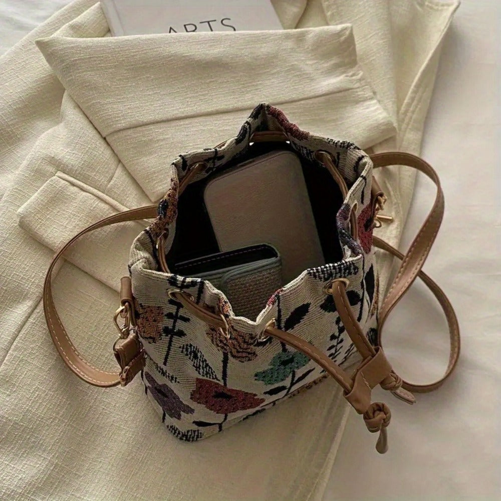 Crossbody Bag for Women – for Travel & Work, Floral Bucket Ethnic Drawstring Boho – detail view 10