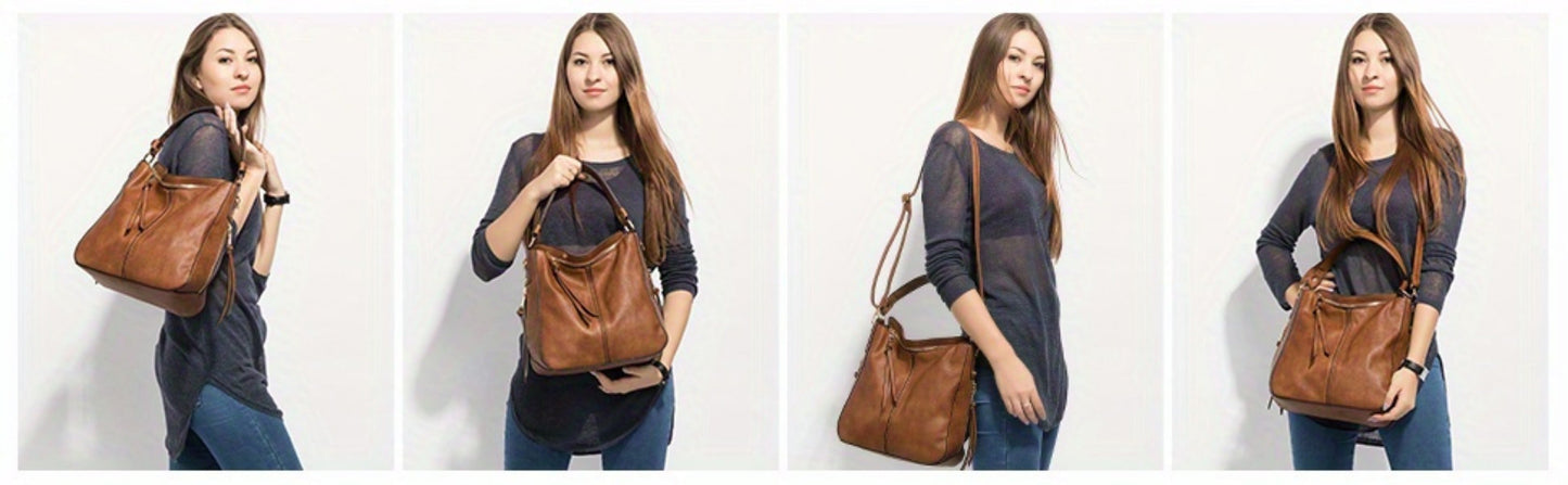 Shoulder Bag for Women – Multi-Pocket, Hobo Large Leather Tassel Golden – detail view 11