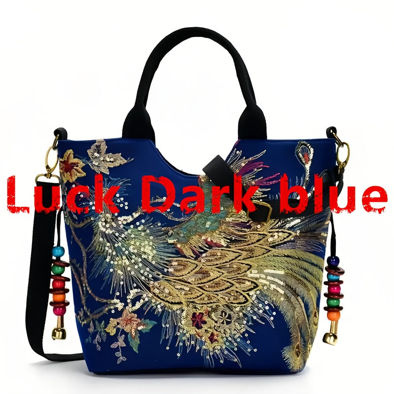 Shoulder Bag for Women – Multi-Pocket, Peacock Embroidery Sequin Ethnic Boho – detail view 16