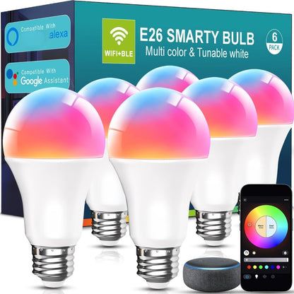 A19 E26 Wi-Fi and Bluetooth Smart Light Bulbs with RGB and White Modes in Two-, Four- or Six-Bulb Packs