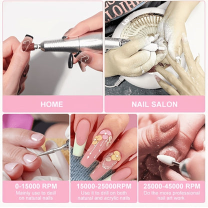 Nail Drill 45000 RPM LCD Display Adjustable Speed Cordless Electric Nail File Low Noise Manicure Machine Buffing Polishing Tool Set for Salon Home Women Nail Techs Pink White Purple