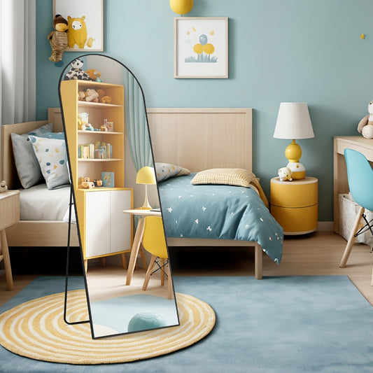 Full Length Mirror 59"x16" Arched Leaning Wall Mirror, Aluminum Alloy Thin Frame, Vertical or Tilted, Black & Gold