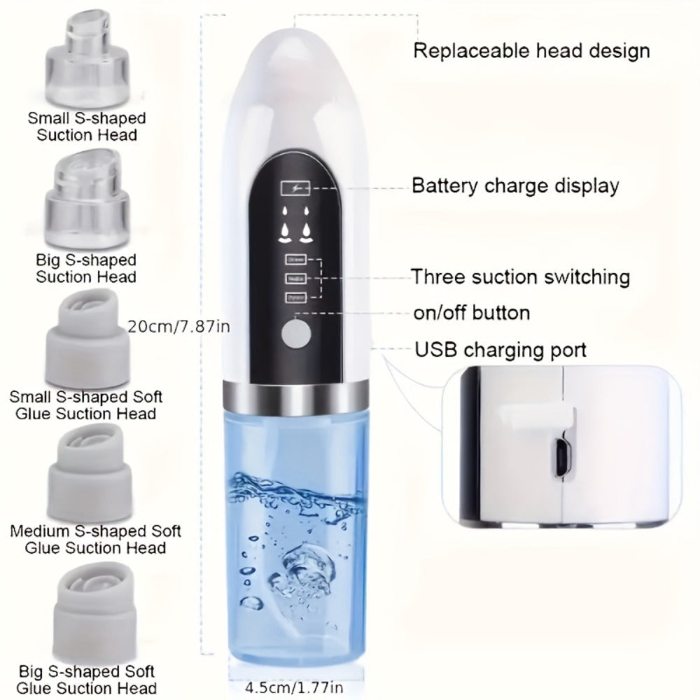 White Water-Tank Pore Vacuum Blackhead Remover with 3 Suction Levels and 6 Interchangeable Heads