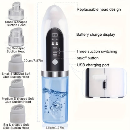 White Water-Tank Pore Vacuum Blackhead Remover with 3 Suction Levels and 6 Interchangeable Heads