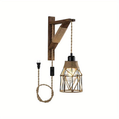 Plug-In Cage Wall Sconce with Wooden Bracket, 250 cm Cord and Single or Two-Piece Farmhouse Options