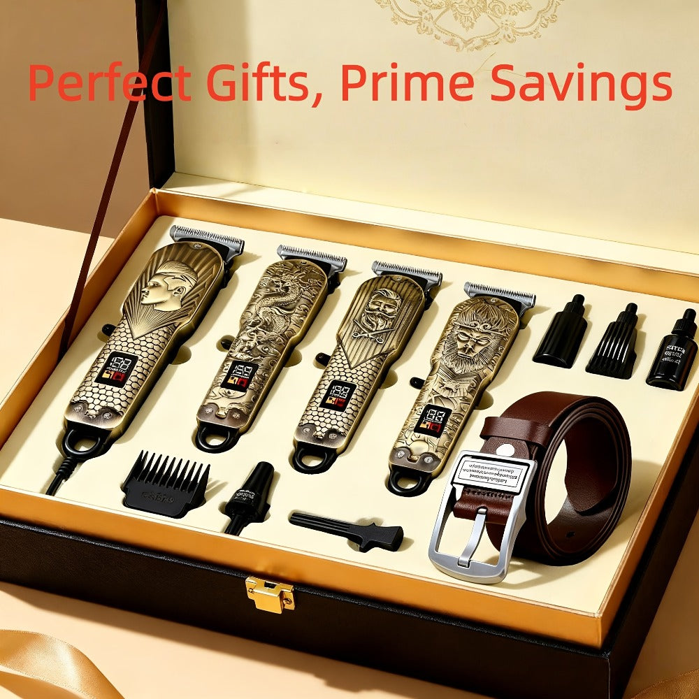 JH702 Hair Clipper Set with DC01 Fashion Belt, Digital Display, USB Charging and Two Engraved Design Options