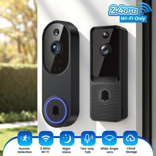 166° Wide Angle Video Doorbell 720P 2.4G 5G Dual-Band WiFi – Color Night Vision, AI Vehicle & Person Detection, Two-Way Voice, No Wiring, Real-Time App View, Single or 2-Pack, Black