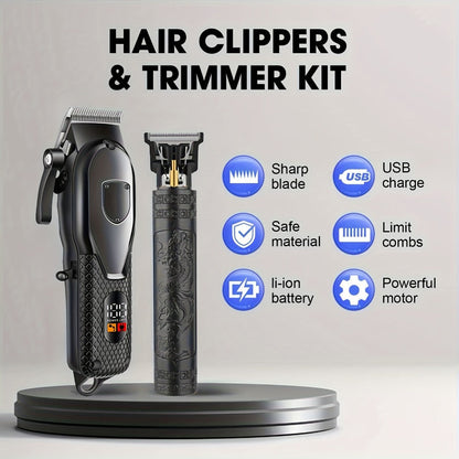 Black Hair Clipper Set with Full-Size Clipper, T-Blade Trimmer, Detail Tool and Foil Shaver, MC401 or MC201