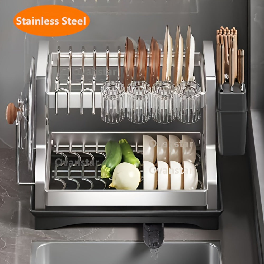 Stainless Steel Two-Tier Dish Drying Rack with Drainboard, Cup Holders, Utensil Caddy and Lid Rack