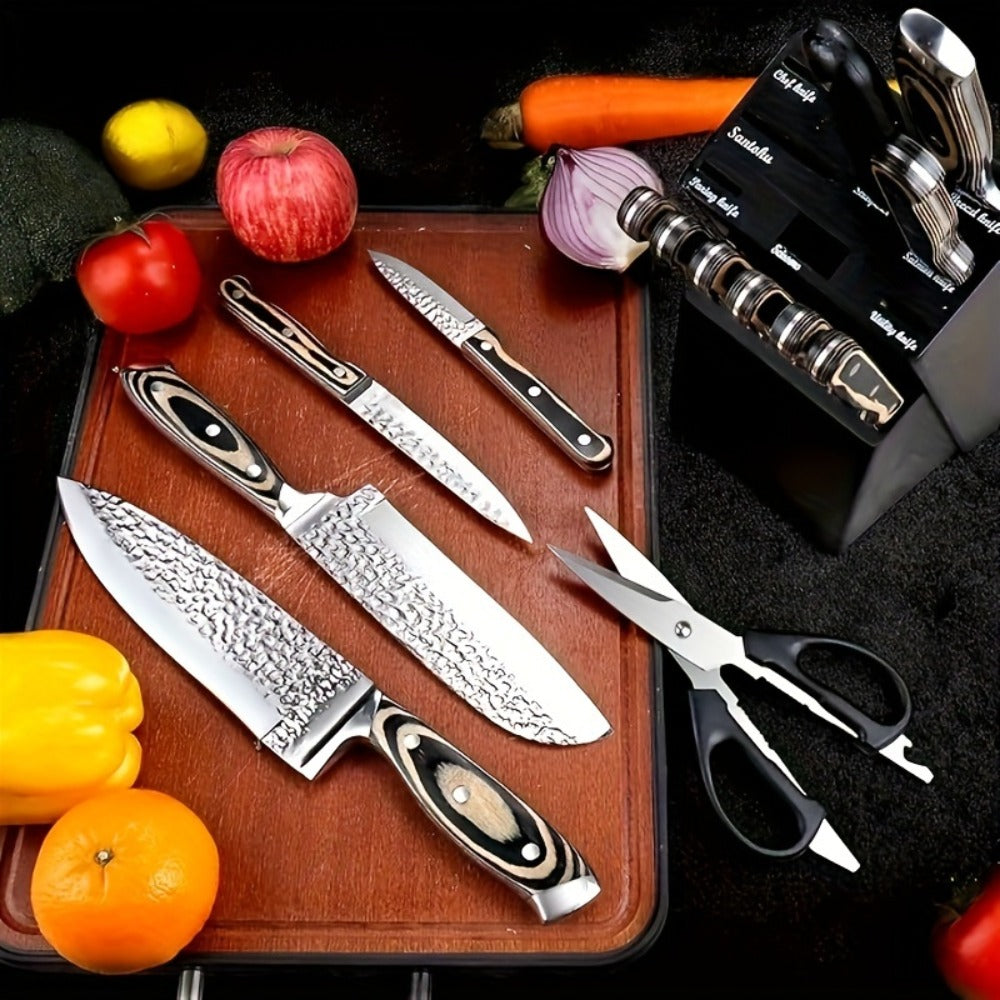 Kitchen Knife Set 15-Piece Hammered Stainless Steel with Steak Knives and Self-Sharpening Wood Block