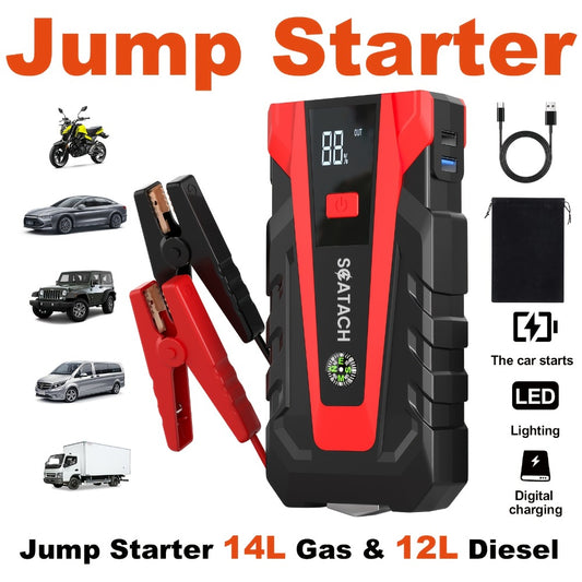 Heavy Duty Jump Starter 14.0L Gas & 12.0L Diesel – Digital Tire Pressure Gauge, Air Pump, Window Breaker & SOS LED Display for Cars Trucks SUVs RVs Motorcycles