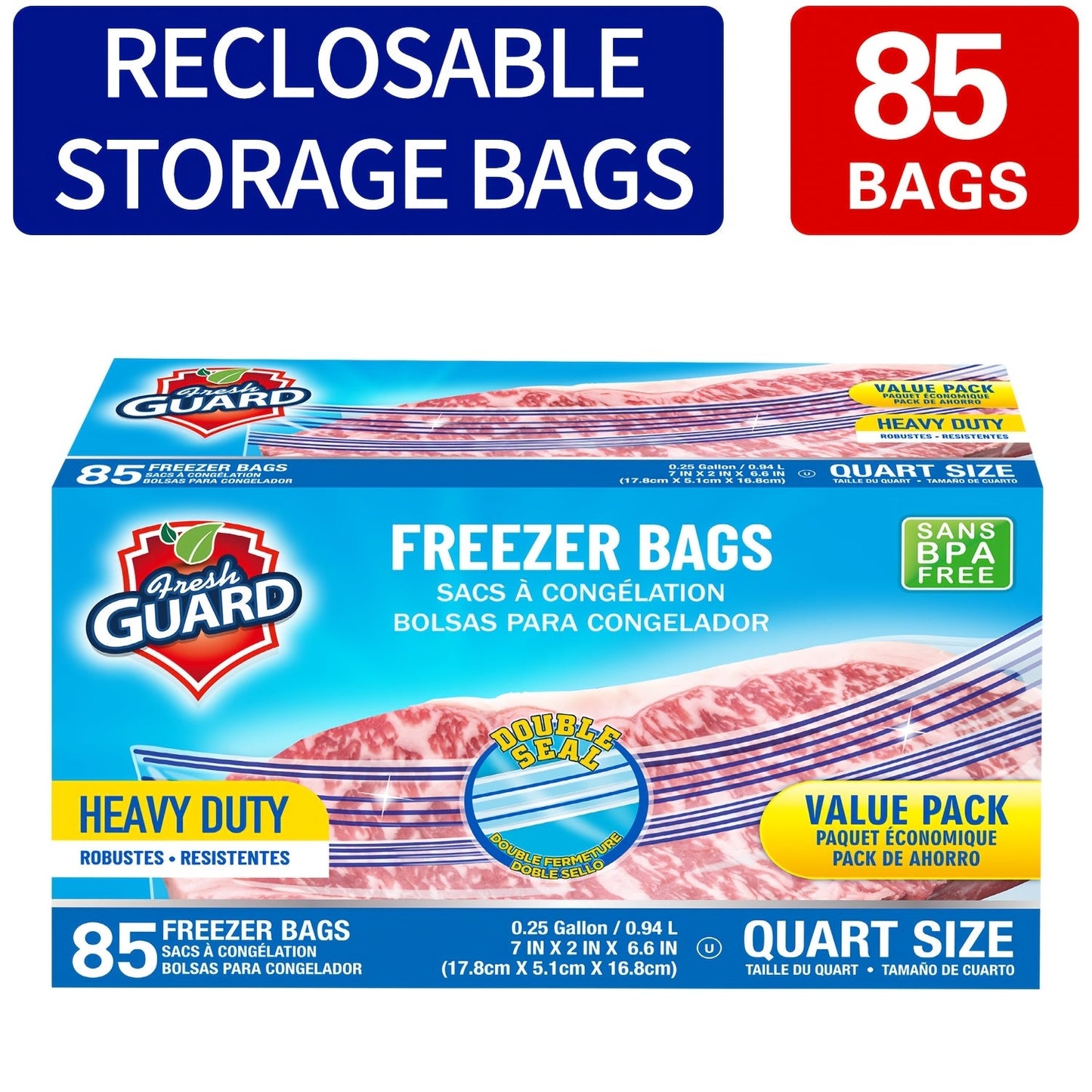 Reclosable Kitchen Storage Bags in Quarter-, One- or Two-Gallon Sizes with Five Count and Pack Options