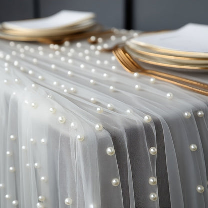 Three-Piece White Pearl-Beaded Tulle Table Runner Set, 2.5 x 9.8 Feet Each for Event Tables