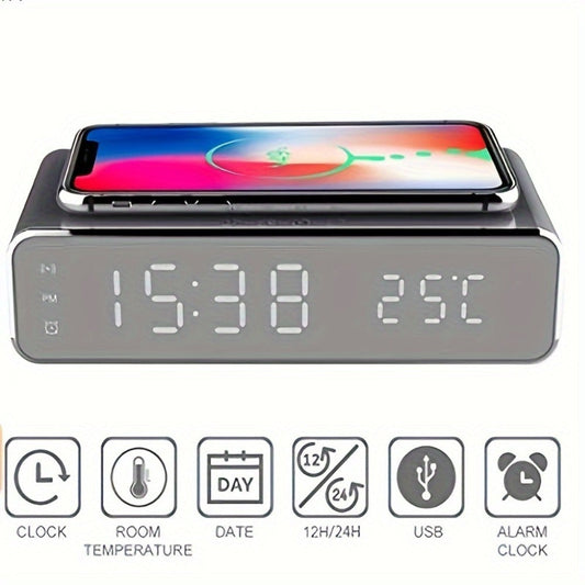 Alarm Clock Wireless Charger with Thermometer 3-in-1 LED Fast Charging Pad for iPhone & Android – 3 Alarms, 12/24H Display, Celsius/Fahrenheit, Power Saving Mode | Bedside Nightstand & Desk Gadget | Black & Silver