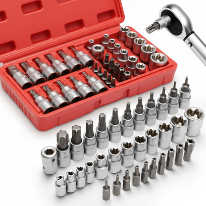 Torx Star Bit Socket Set 34/46-Piece - 3/8" Drive CR-V E-Socket E4-E20, T10-T60, Tamper-Proof TT10-TT55, S2 Steel, 5/16"F to 3/8"M Adapter, Storage Case - For Car, Truck & Home Improvement