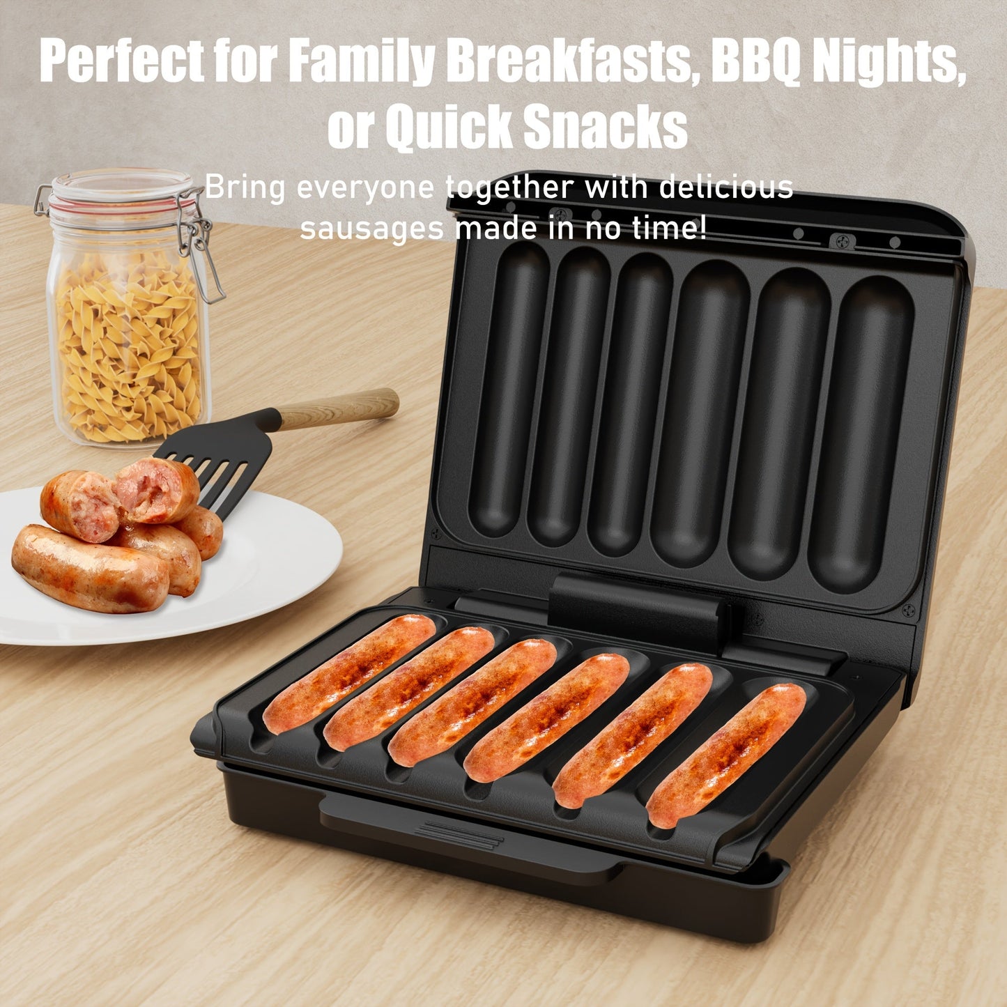 Hot Dog Roller Sausage Grill Machine 6-Slot Electric with Non-Stick Plate, Drip Tray & Cord Storage for BBQ Parties