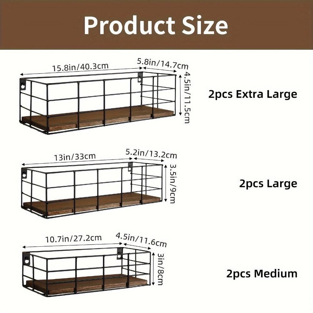 Wire Basket Wall Shelf Set with Wood-Look Bases and Four-Piece or Six-Piece Size Assortments