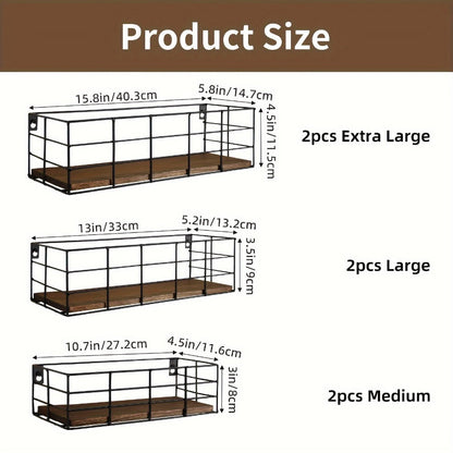 Wire Basket Wall Shelf Set with Wood-Look Bases and Four-Piece or Six-Piece Size Assortments