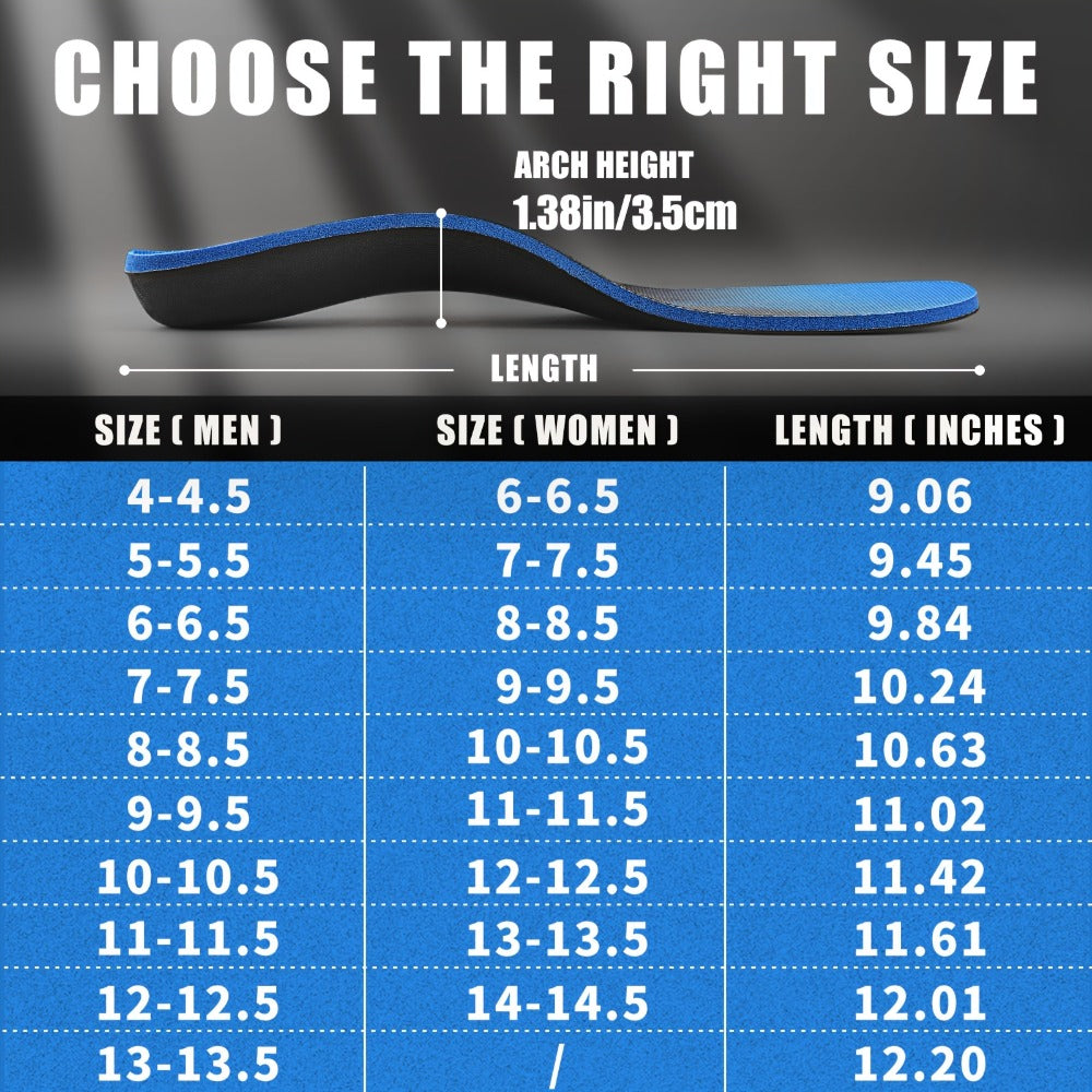 Blue Full-Length Shoe Insoles with Raised Arch Profile and Black Base in Ten Men's and Women's Size Options
