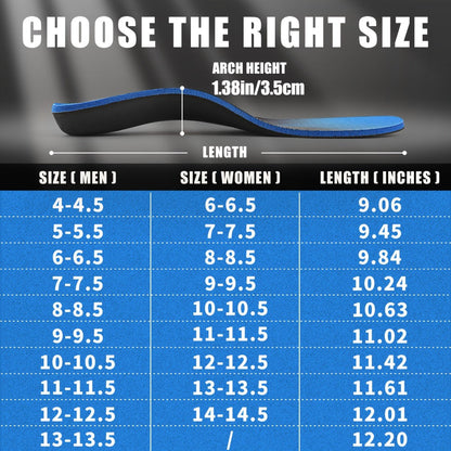 Blue Full-Length Shoe Insoles with Raised Arch Profile and Black Base in Ten Men's and Women's Size Options