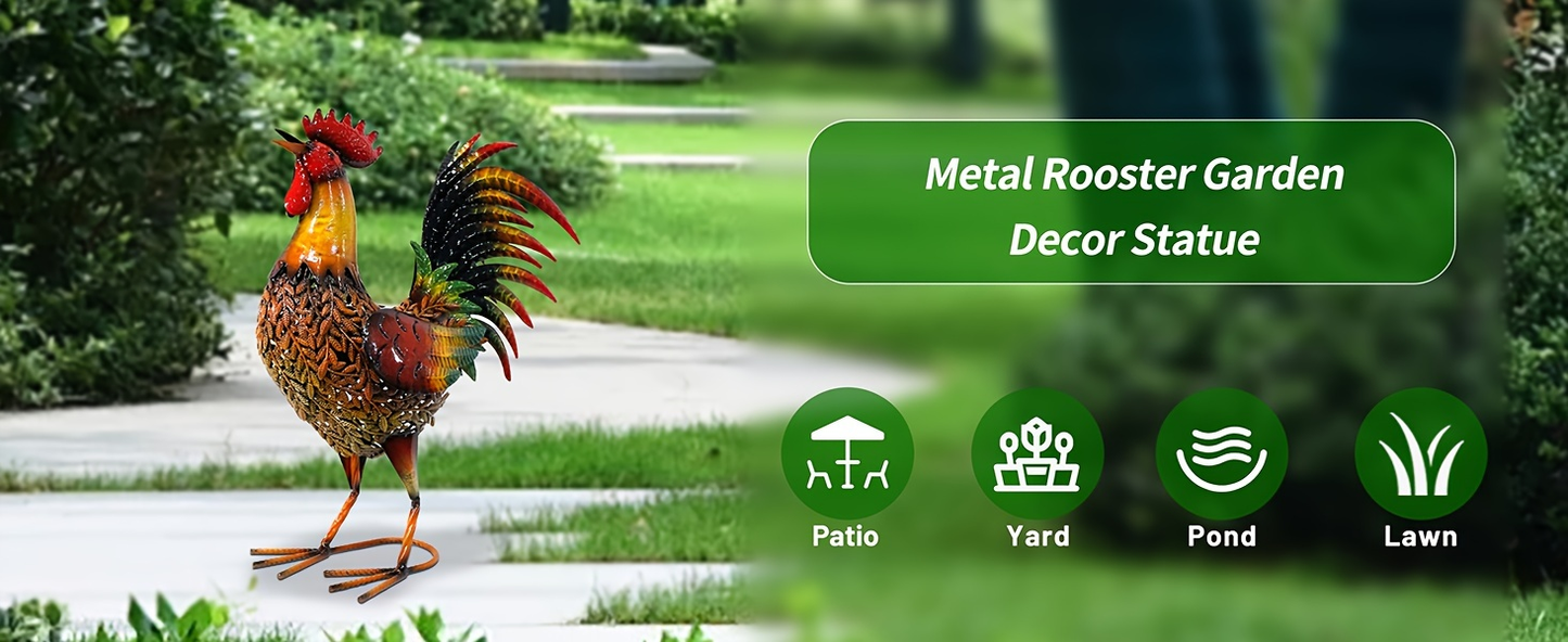 Metal Rooster Garden Stake Colorful Farmhouse Chicken Sculpture Outdoor Lawn Yard Decor Art Ornament Housewarming Gift 19 Inch