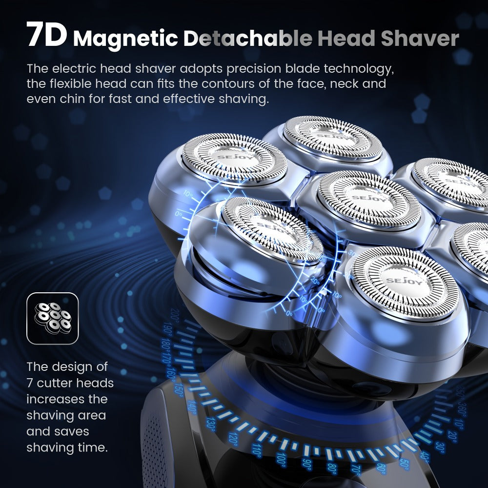 Electric Head Shaver for Bald Men 7D 7 Floating Heads — All-in-One Grooming Kit with Nose Hair Trimmer & Facial Cleaning Brush, 1.5H Fast Charging, Travel Lock, Rechargeable Men's Razor Gift Set (Blue/Black/Gold/Coffee)
