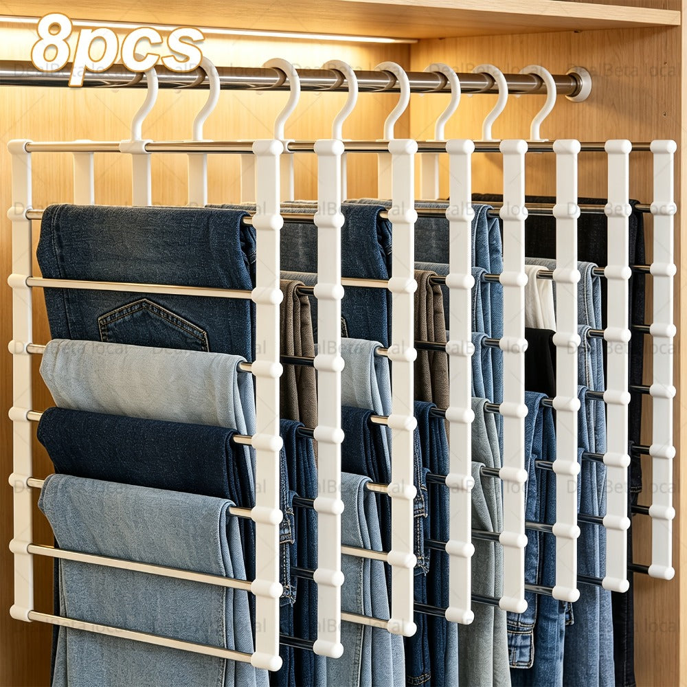 Foldable Multi-Layer Pants Hangers in Four- or Eight-Piece White Sets for Jeans, Scarves and Trousers