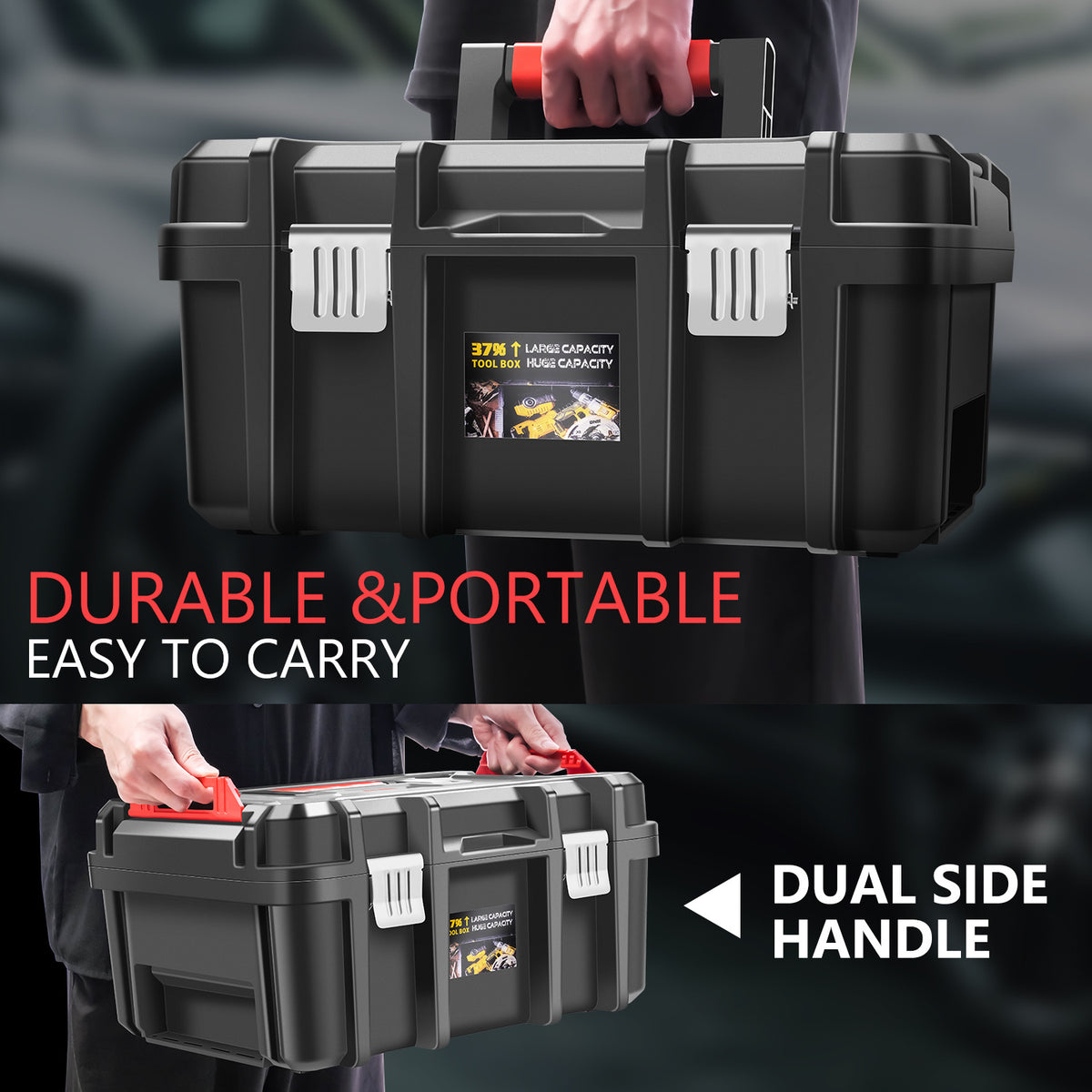 Tool Box Set 2-Piece Lockable - Large Capacity Portable Toolbox Organizer with Removable Tray, Double Lock Buckle, Hard Plastic, 17" x 13" x 18.5" - For Workshop, Garage, Car Trunk & Household Storage