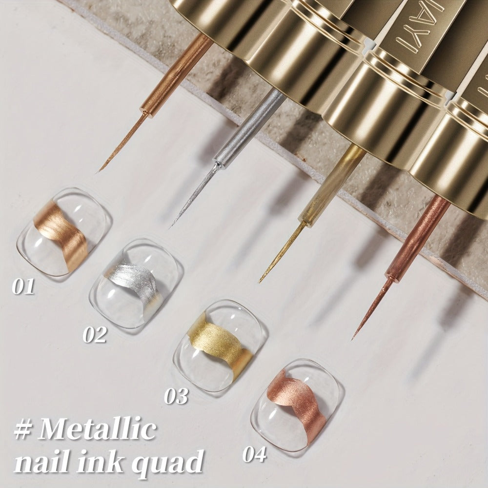 Metallic Smudge Nail Art Gel Four-Bottle Set in Gold, Silver and Rose Tones with Narrow Cap Brushes