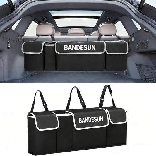 Car Trunk Organizer Rear Seat Hanging Storage Bag – Foldable Cargo Bag with 4 Pockets for SUV, Truck & MPV Back Seat Organization